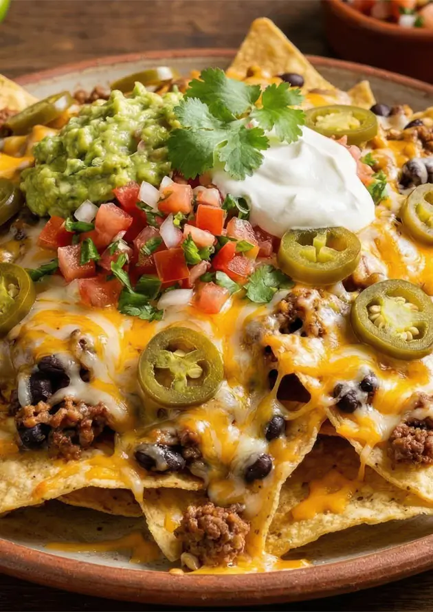 A plate of nachos with melted cheese, salsa, black beans, diced tomatoes, cilantro, and sour cream on a wooden table.